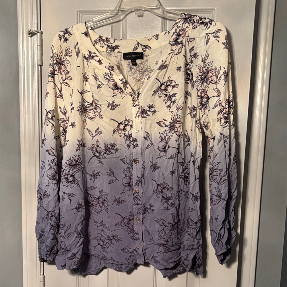 Lane Bryant Blue and Cream Fall Floral Long Sleeve Button Up Blouse